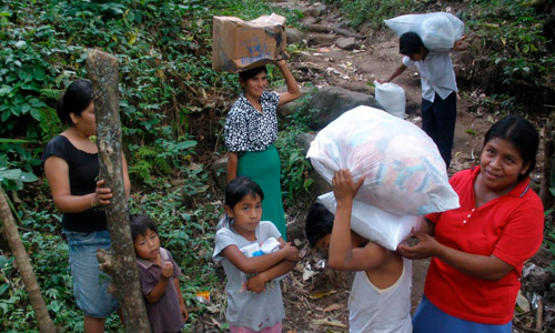 Mujeres y niñas cargando una donación de alimentos